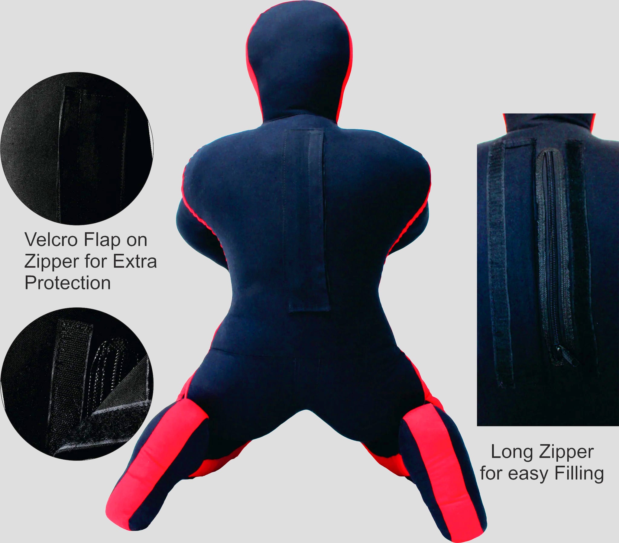 Black and red mma dummy with features highlighted on a gray background