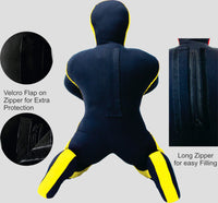 Black and yellow dummy with features highlighted on a gray background