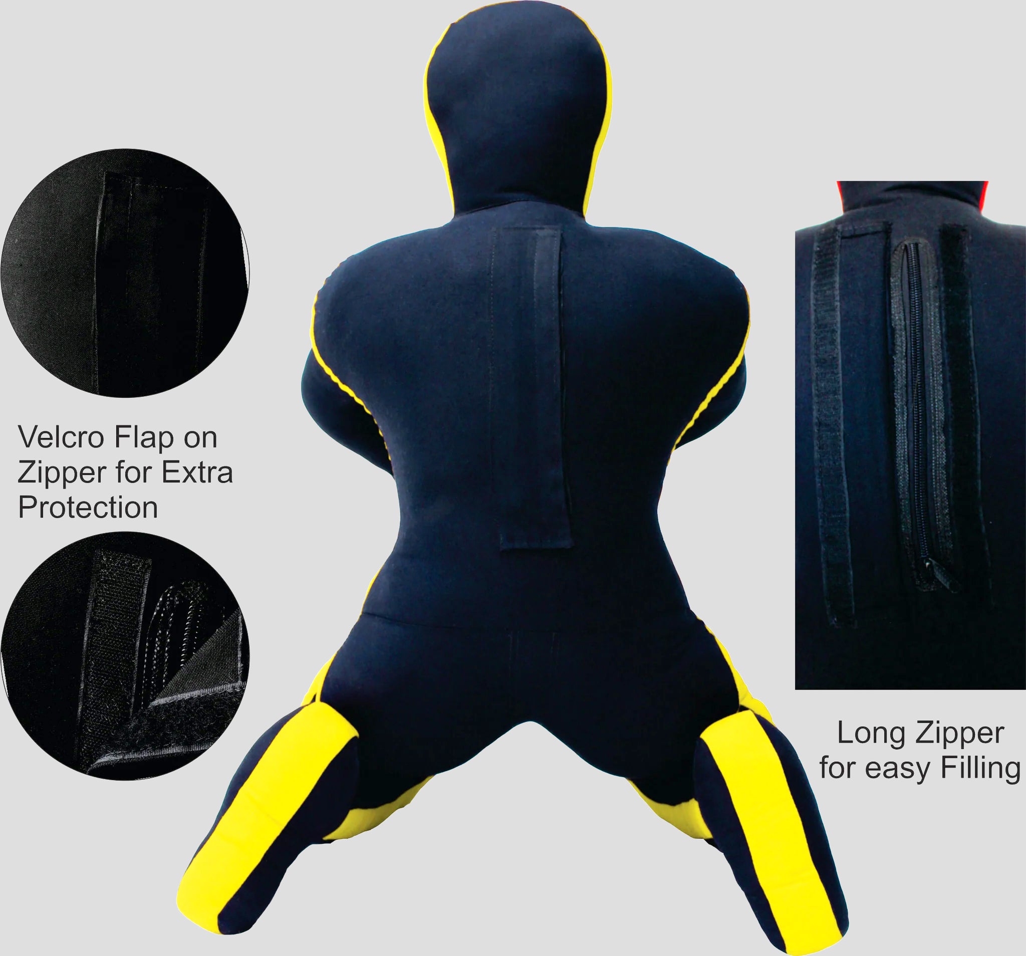 Black and yellow dummy with features highlighted on a gray background