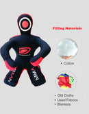 Black and red mma dummy with a logo, showing filling material options on a gray background.