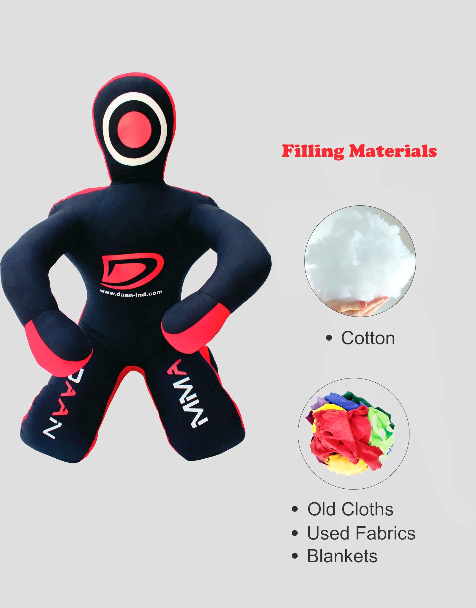 Black and red mma dummy with a logo, showing filling material options on a gray background.