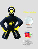 Black and yellow dummy with a logo on a gray background, showing filling material options.