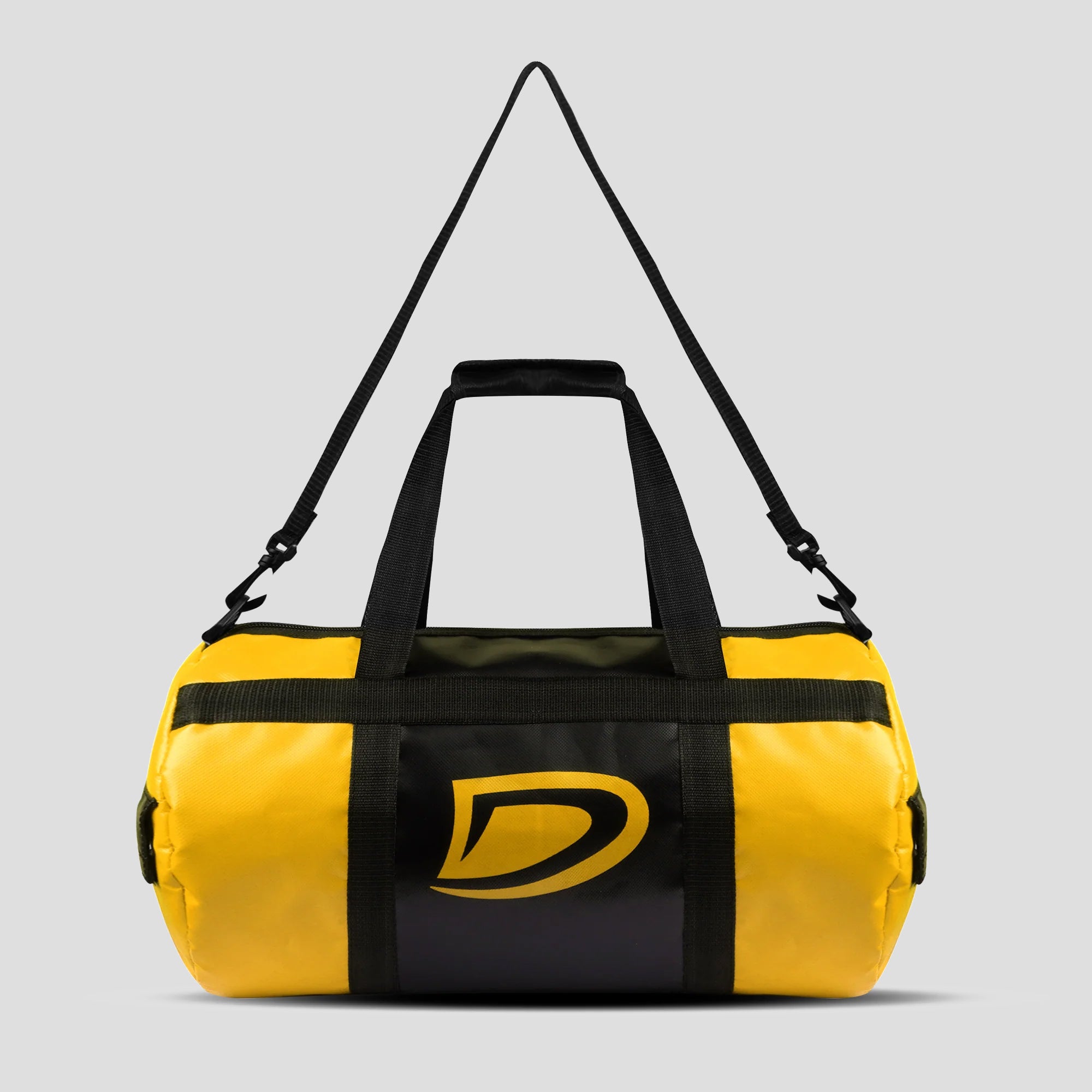 Yellow and black duffel bag with a logo on a light gray background