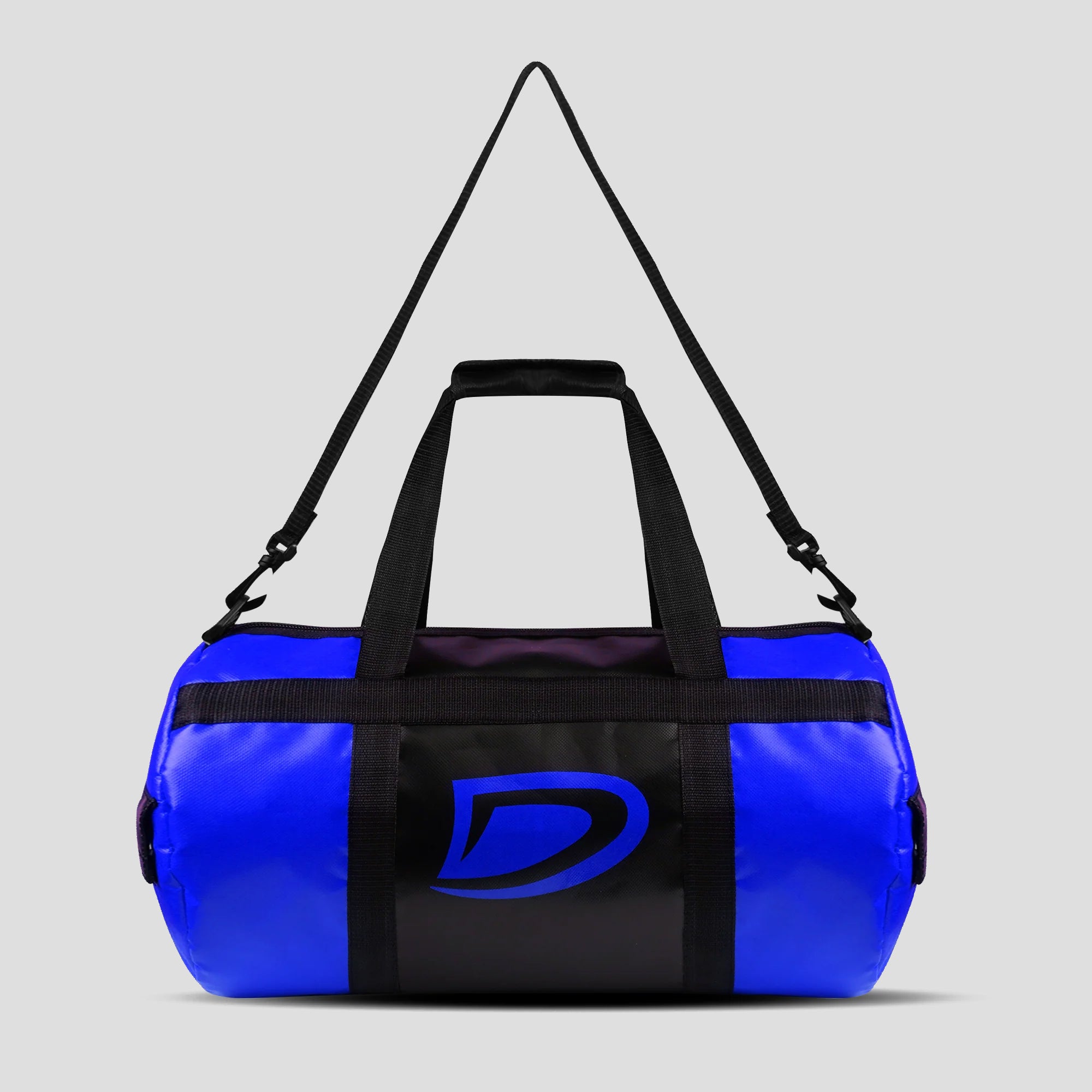 Blue and black duffel bag with a logo on a light gray background