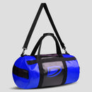 Blue duffel bag with black accents on a light gray background