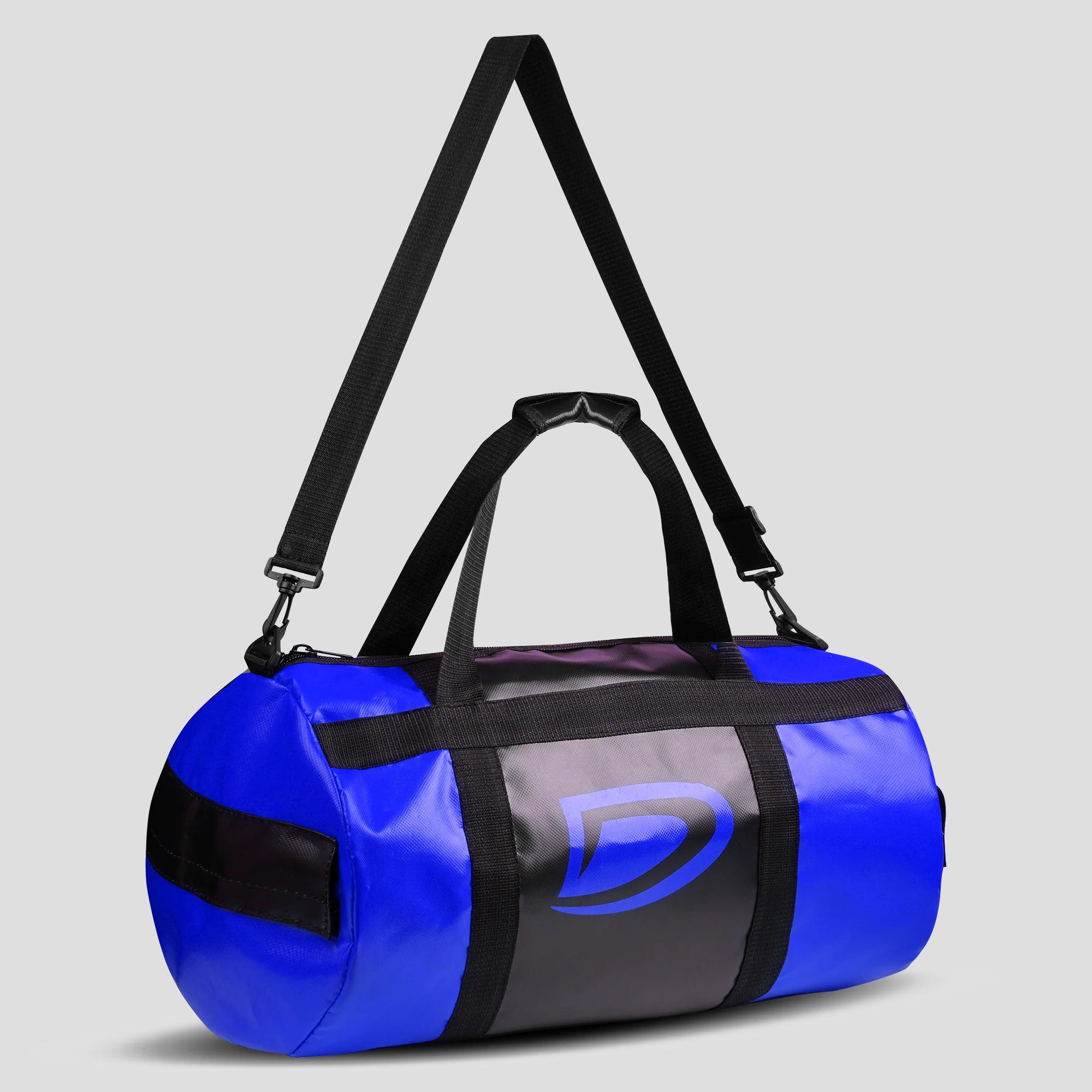 Blue duffel bag with black accents on a light gray background