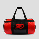 Red and black duffel bag with a logo on a light gray background