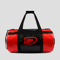 Red and black duffel bag with a logo on a light gray background