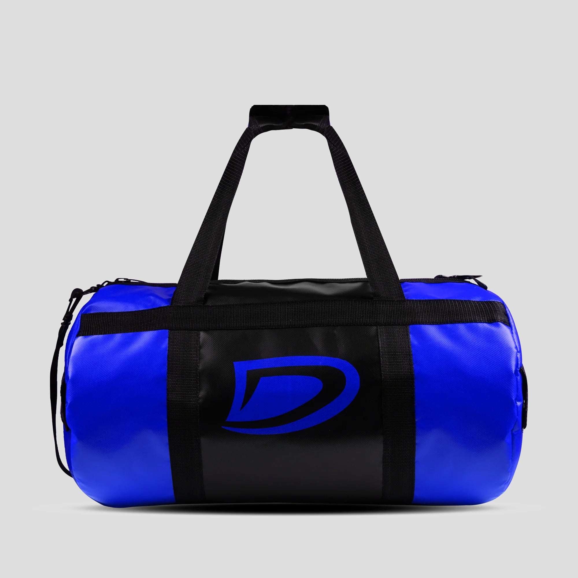 Blue and black duffel bag with a logo on a gray background