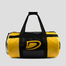 Yellow and black duffel bag with a logo on a gray background