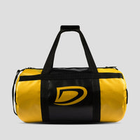 Yellow and black duffel bag with a logo on a gray background