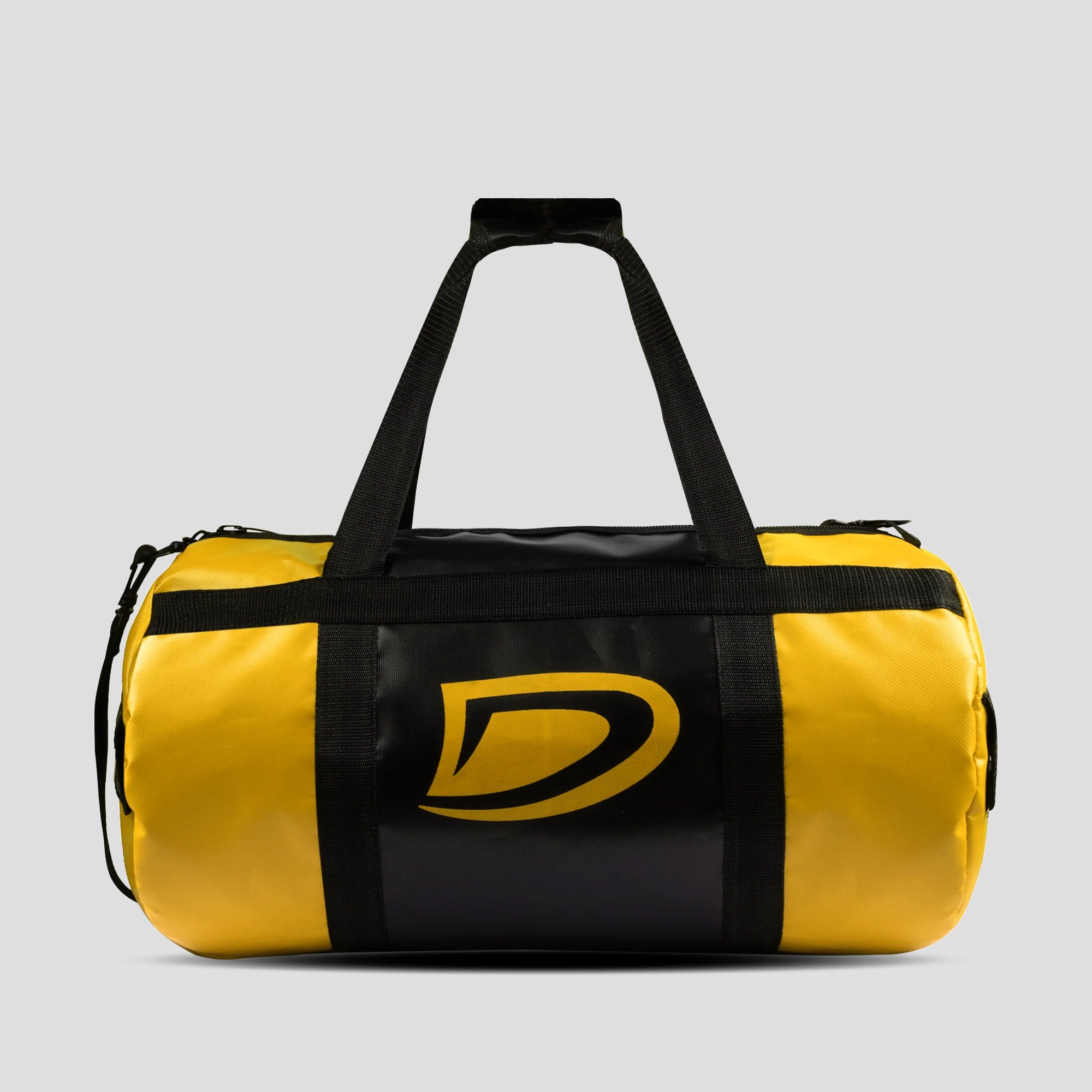 Yellow and black duffel bag with a logo on a gray background