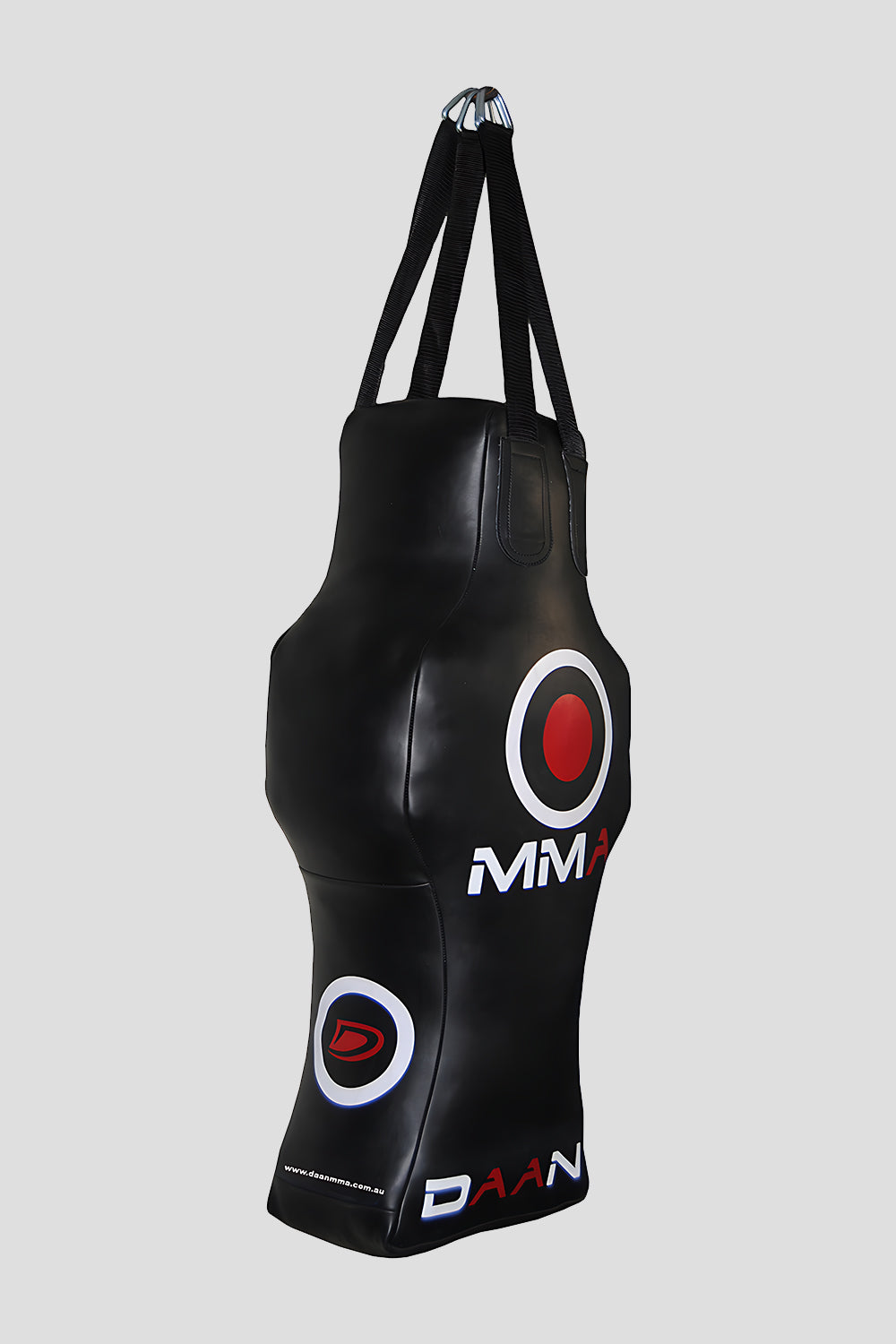 Black punching bag with red and white circular designs on a gray background