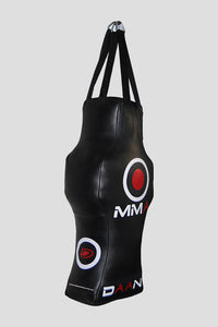 Black punching bag with red and white circular designs on a gray background