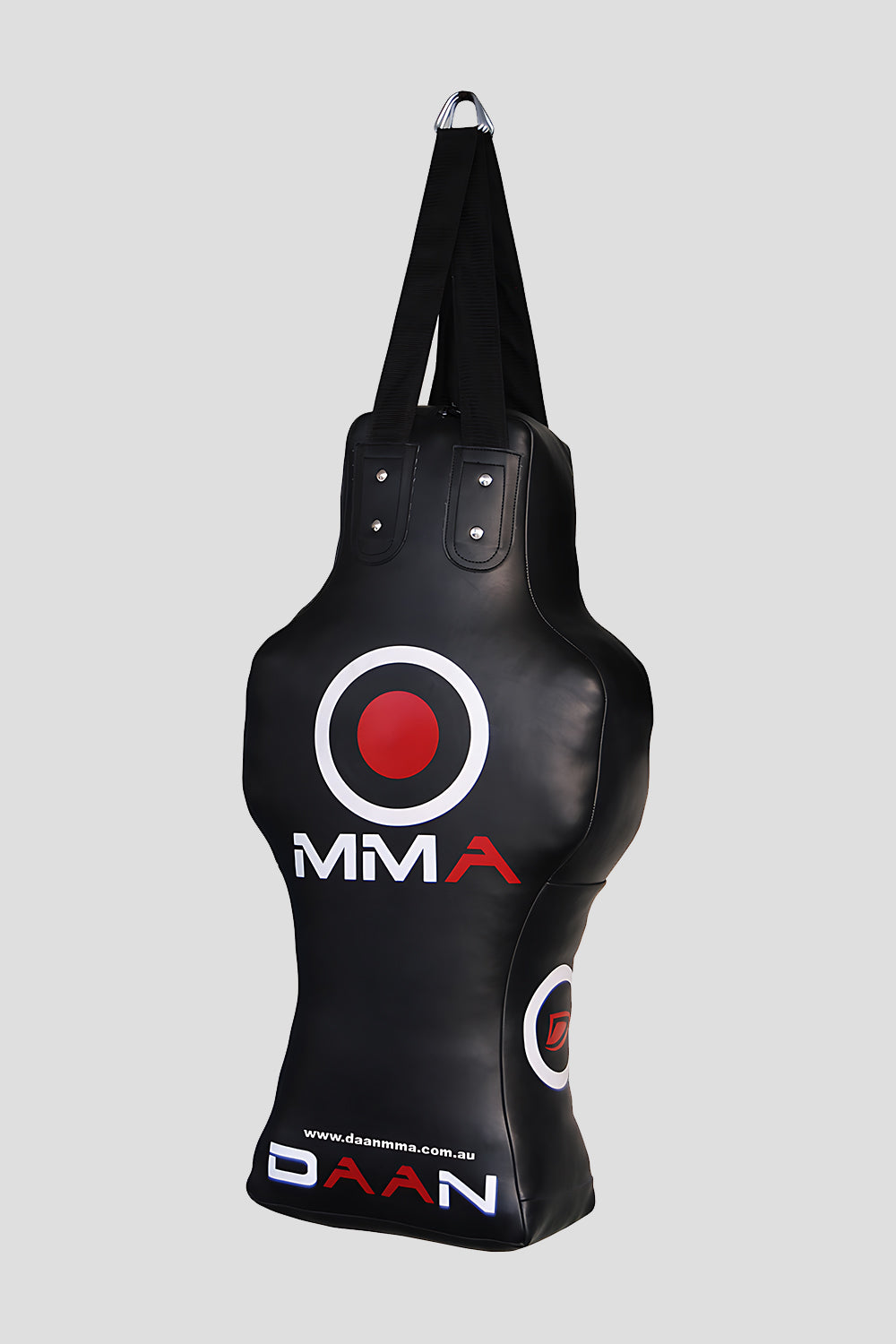 Black MMA punching bag with red and white logo on a gray background