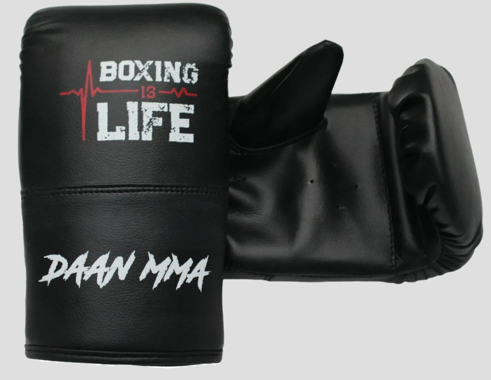 Black boxing glove with 'Boxing is Life' and 'Daan MMA' text on a white background