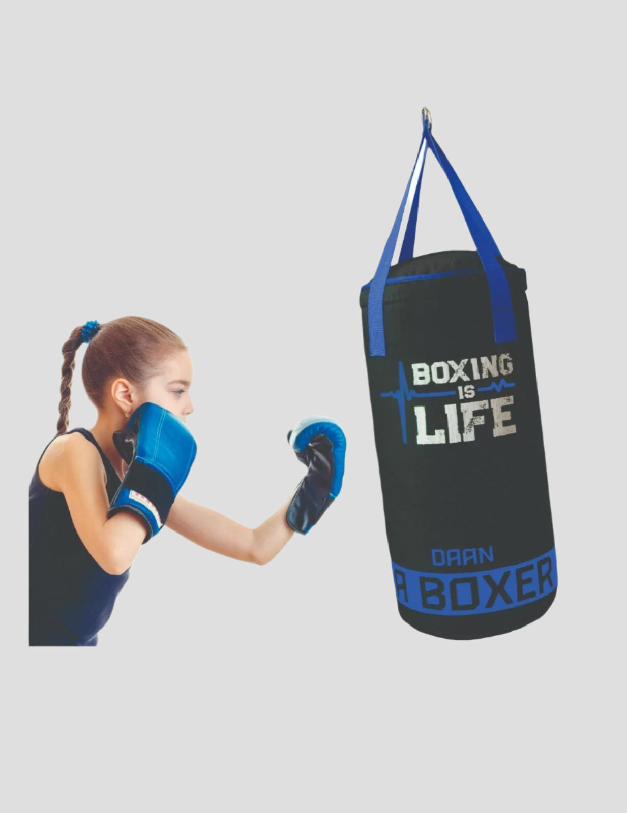 Child wearing boxing gloves interacting with a punching bag labeled 'Boxing is Life' on a white background.