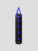 Black punching bag with purple text and 'MMA' logo on a gray background