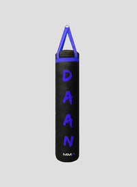 Black punching bag with purple text and 'MMA' logo on a gray background
